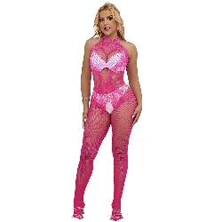 bodystocking de rejilla y encaje con cuello alto rosa
